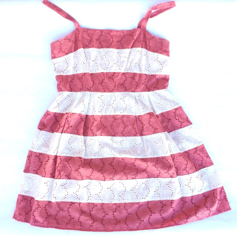 LOFT Pink White Eyelet Stripe Dress Size 12 Strap Summer Beach Dress